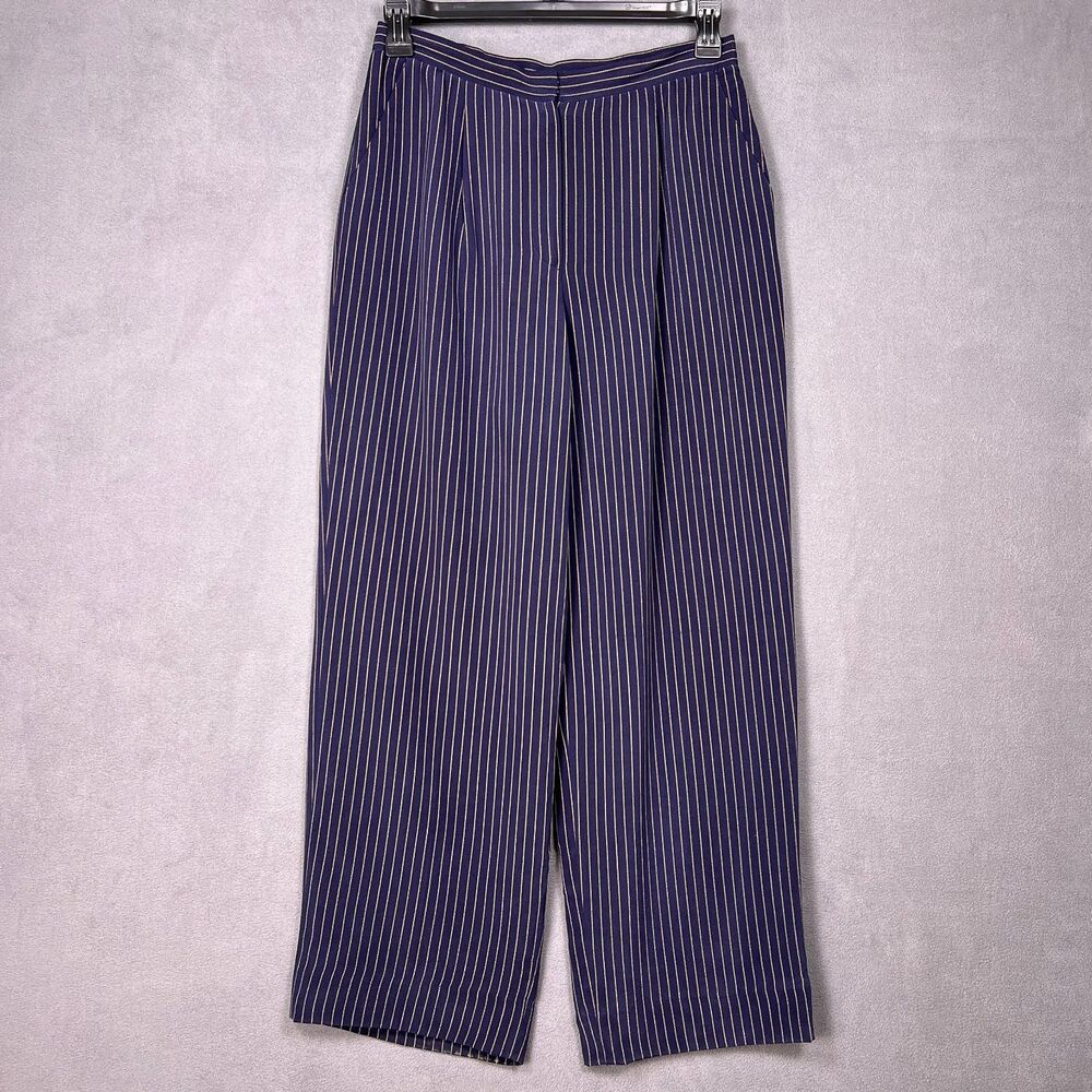 Lauren Ralph Lauren 100% Silk Pinstripe Wide Leg Pants Petite 12P Navy Pleated